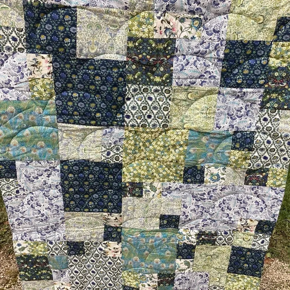 NWT. Hand Crafted Blues and Greens Gardens Quilt with Liberty Lawn Fabrics